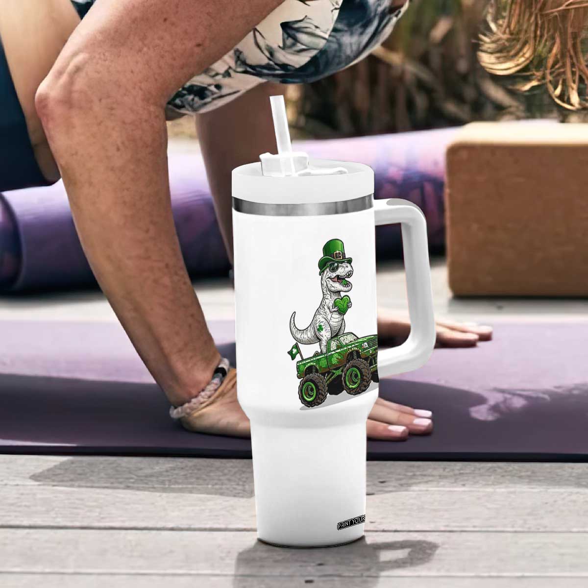 Funny St Patricks Day Dinosaur Truck Tumbler With Handle Lucky Dino Gift TS12 Print Your Wear