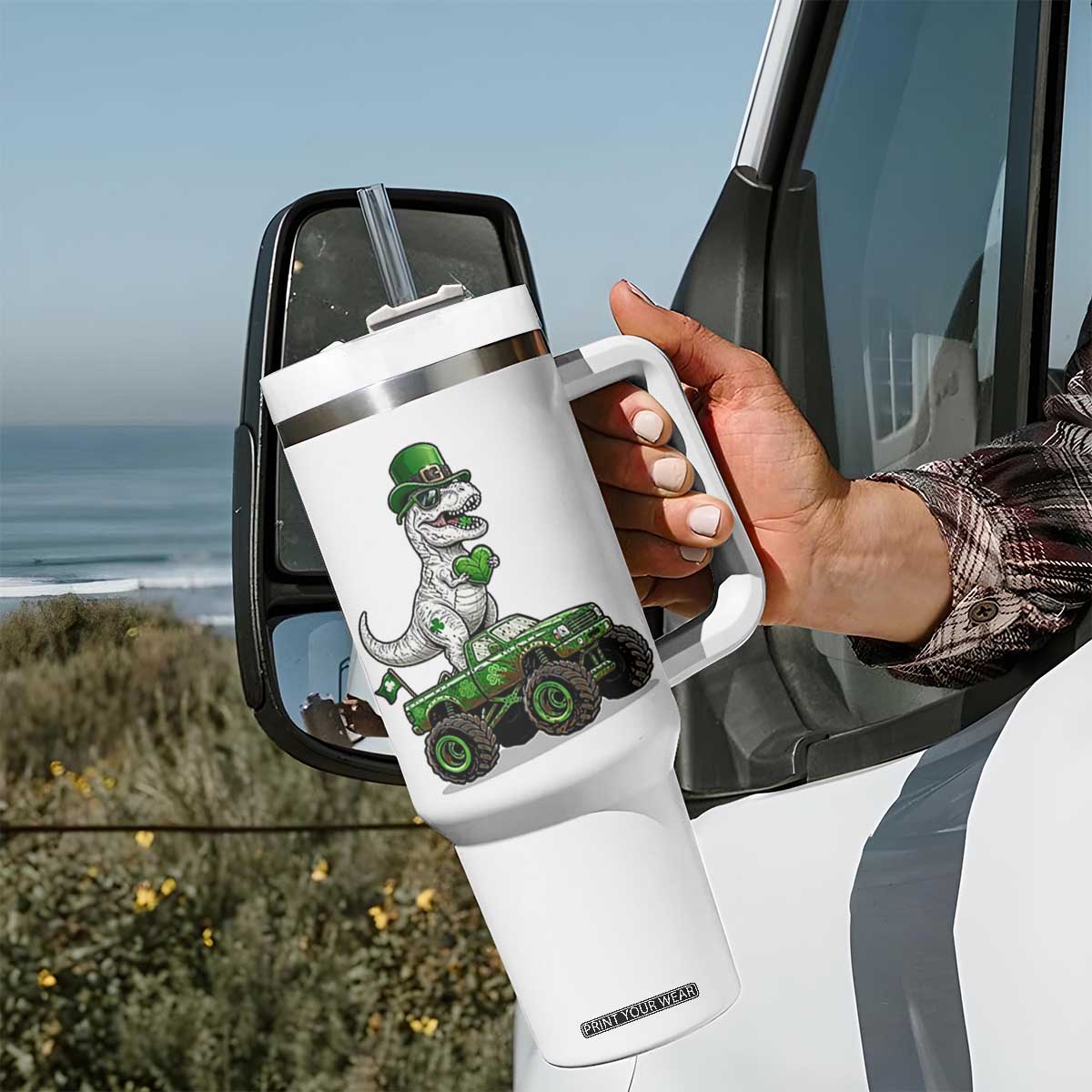 Funny St Patricks Day Dinosaur Truck Tumbler With Handle Lucky Dino Gift TS12 Print Your Wear