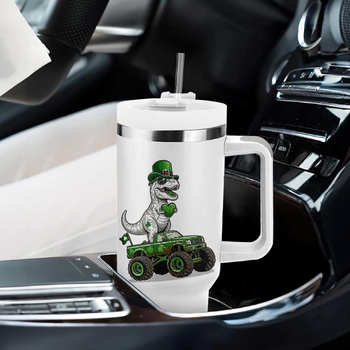 Funny St Patricks Day Dinosaur Truck Tumbler With Handle Lucky Dino Gift TS12 Print Your Wear