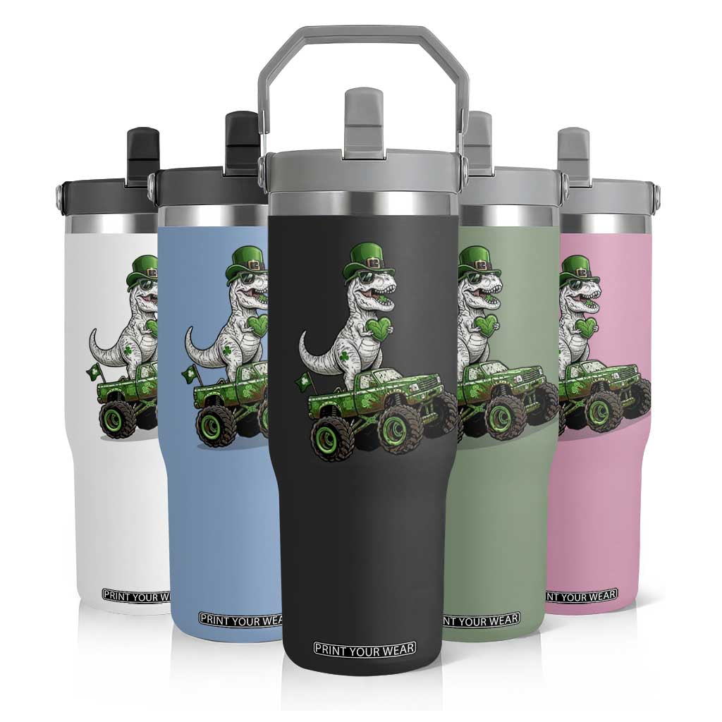Funny St Patricks Day Dinosaur Truck Flip Straw Tumbler Lucky Dino Gift TS12 Print Your Wear