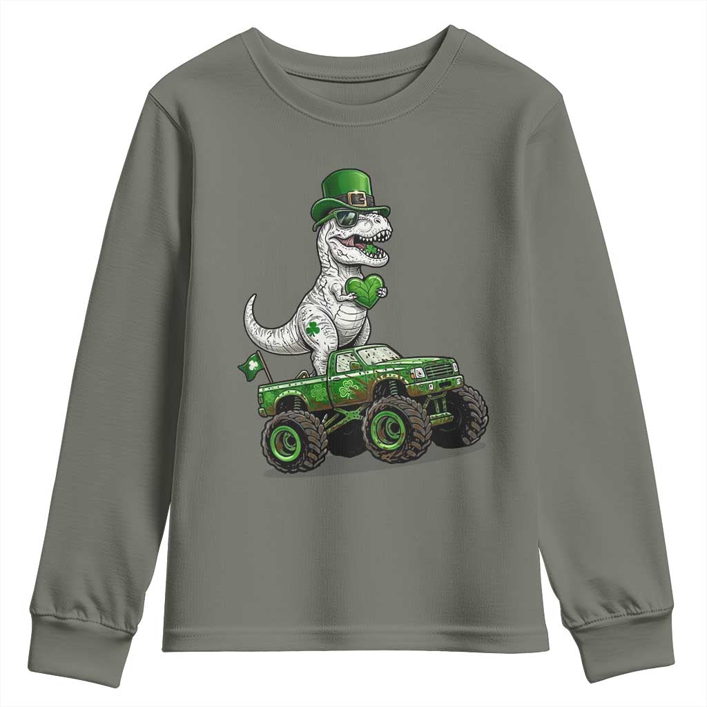 Funny St Patricks Day Dinosaur Truck Youth Sweatshirt Lucky Dino Gift TS12 Military Green Print Your Wear