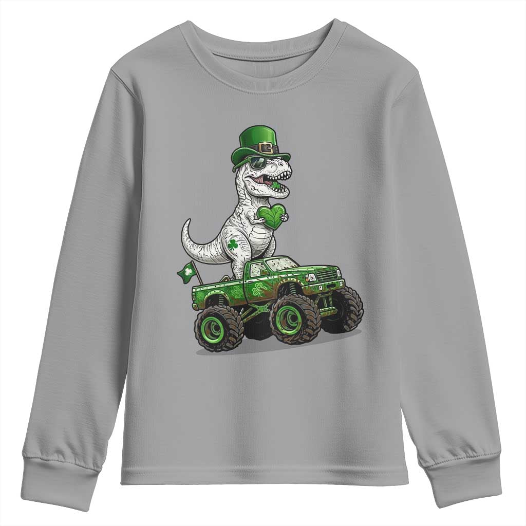 Funny St Patricks Day Dinosaur Truck Youth Sweatshirt Lucky Dino Gift TS12 Sport Gray Print Your Wear