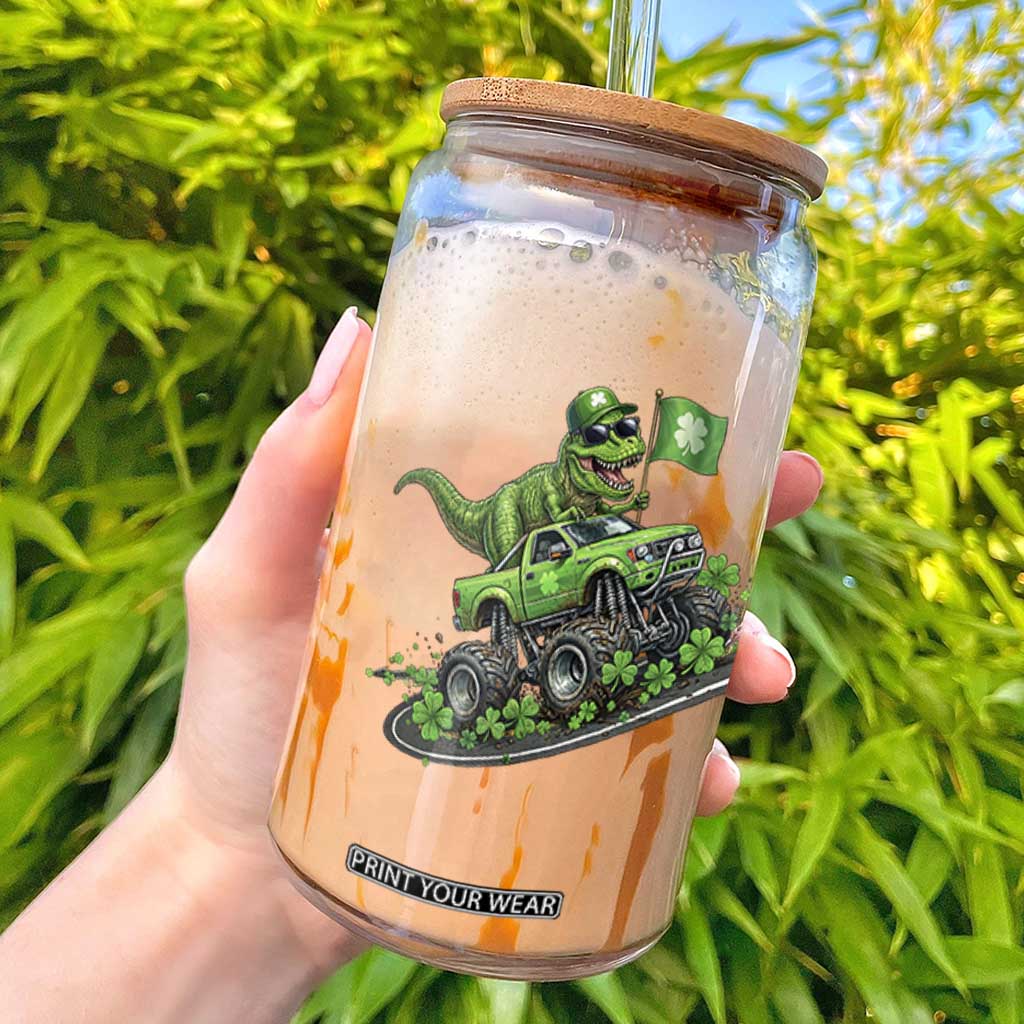 Funny St Patricks Day Dinosaur Truck Glass Can Irish Holiday Gift TS12 White Print Your Wear