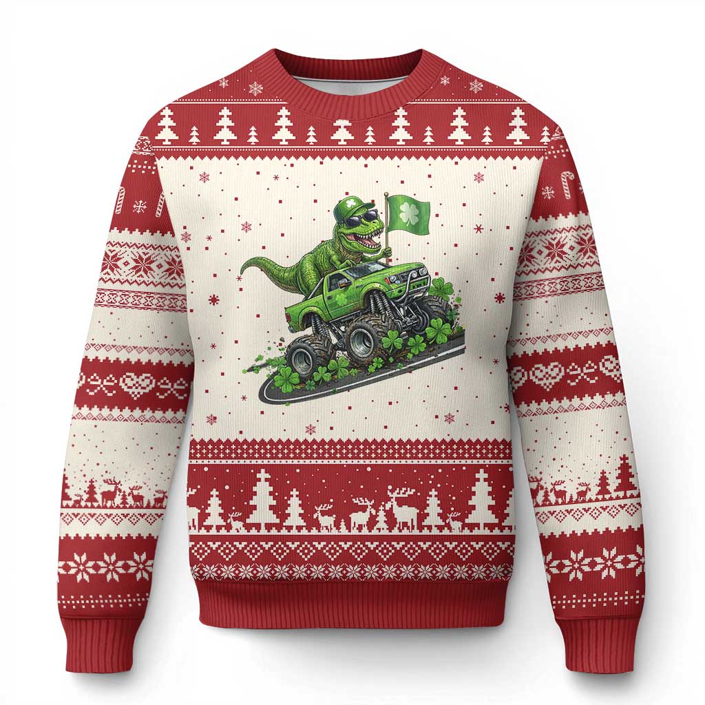 Funny St Patricks Day Dinosaur Truck Ugly Christmas Sweater Irish Holiday Gift TS12 Beige Red Print Your Wear