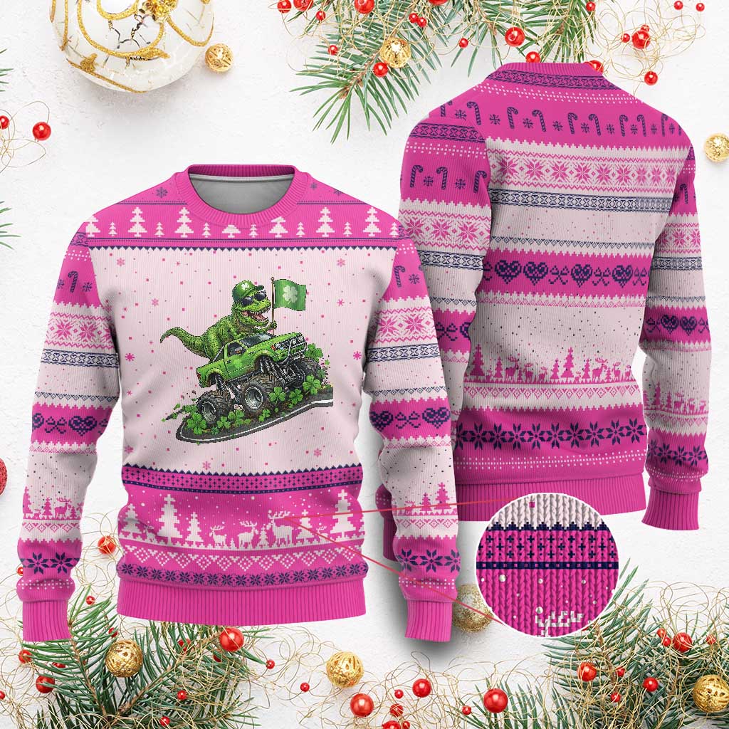 Funny St Patricks Day Dinosaur Truck Ugly Christmas Sweater Irish Holiday Gift TS12 Hot Pink Print Your Wear