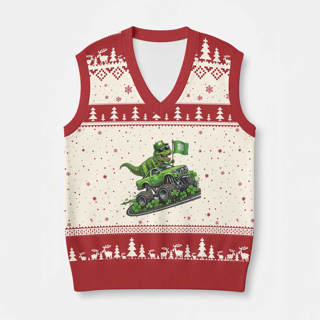 Funny St Patricks Day Dinosaur Truck V-Neck Knit Sweater Vest Irish Holiday Gift TS12 Beige Red Print Your Wear