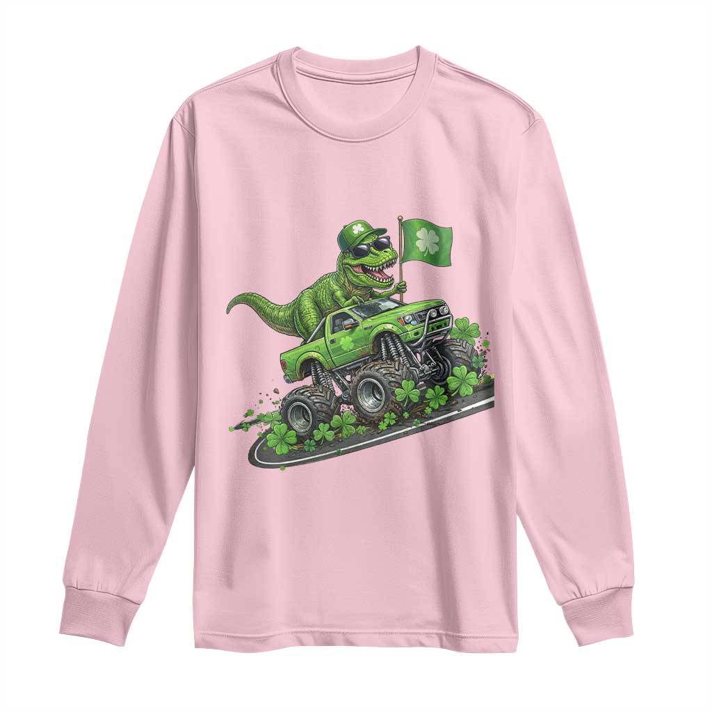 Funny St Patricks Day Dinosaur Truck Long Sleeve Shirt Irish Holiday Gift TS12 Light Pink Print Your Wear