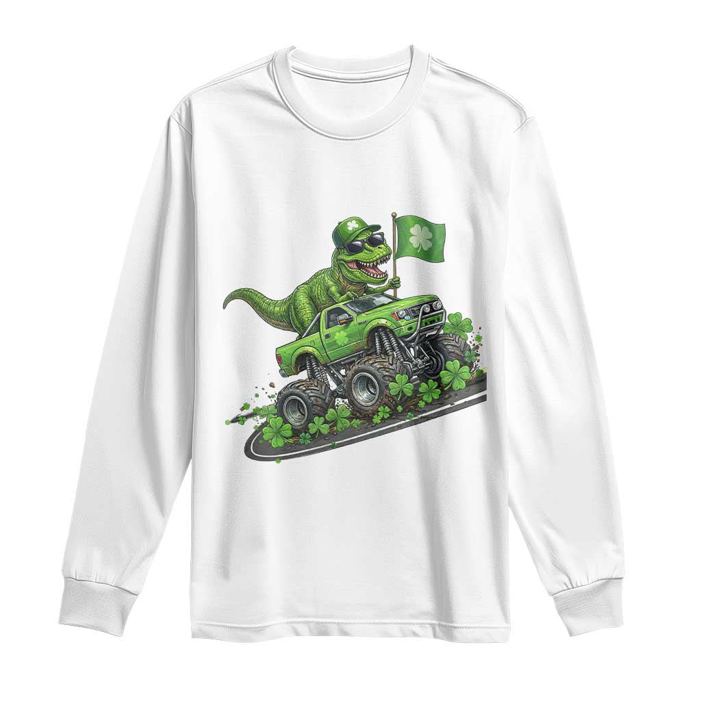 Funny St Patricks Day Dinosaur Truck Long Sleeve Shirt Irish Holiday Gift TS12 White Print Your Wear