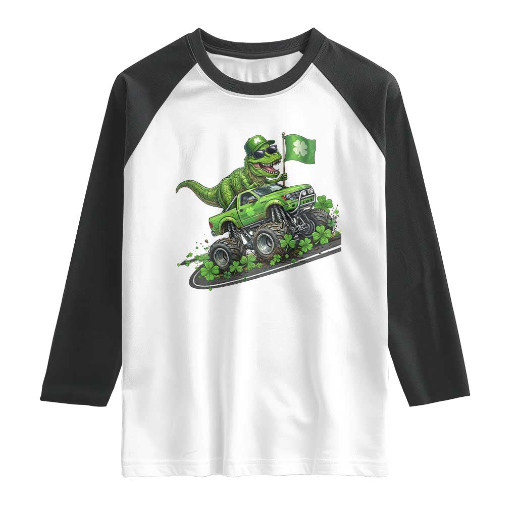 Funny St Patricks Day Dinosaur Truck Raglan Shirt Irish Holiday Gift TS12 White Black Print Your Wear