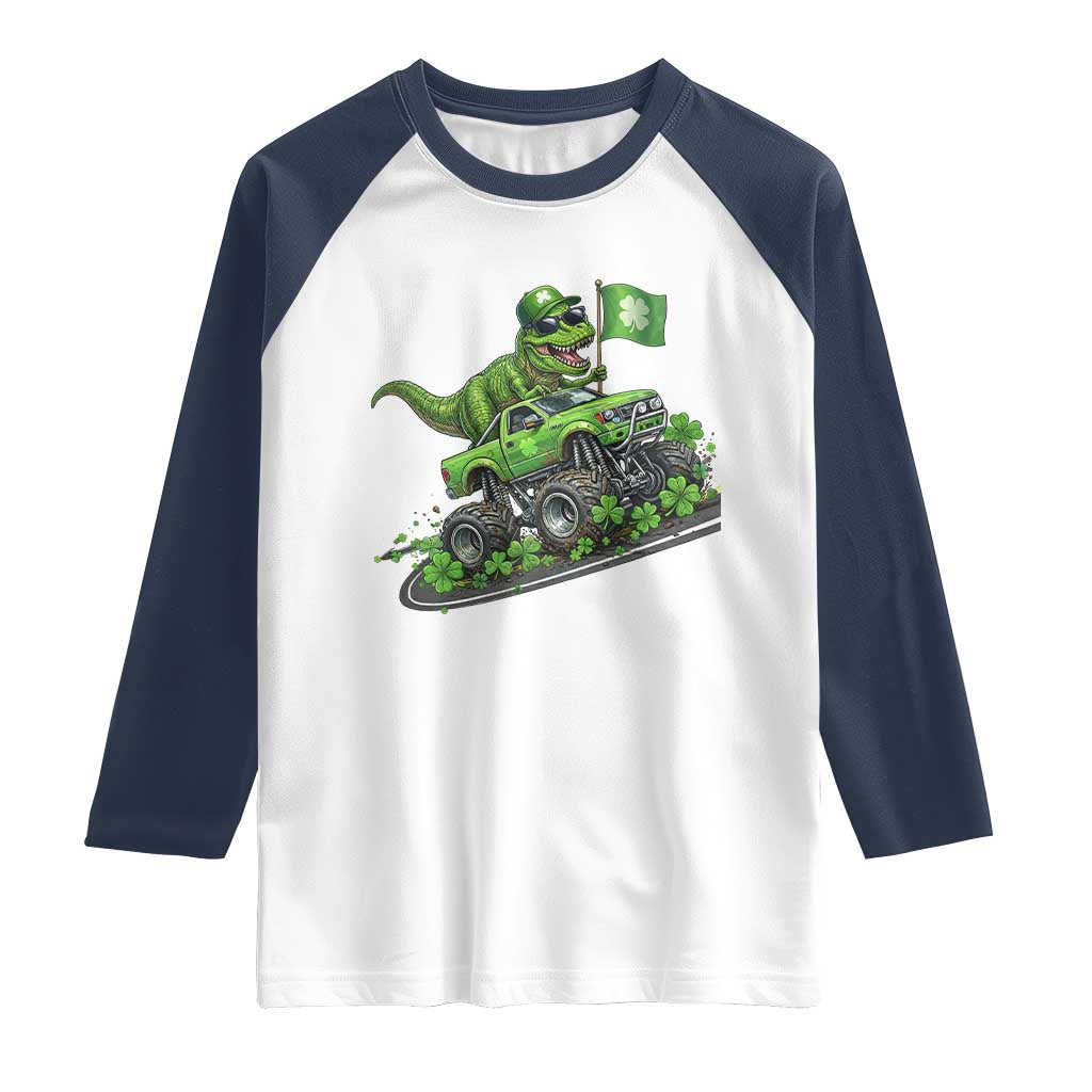 Funny St Patricks Day Dinosaur Truck Raglan Shirt Irish Holiday Gift TS12 White Navy Print Your Wear