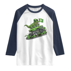 Funny St Patricks Day Dinosaur Truck Raglan Shirt Irish Holiday Gift TS12 White Navy Print Your Wear