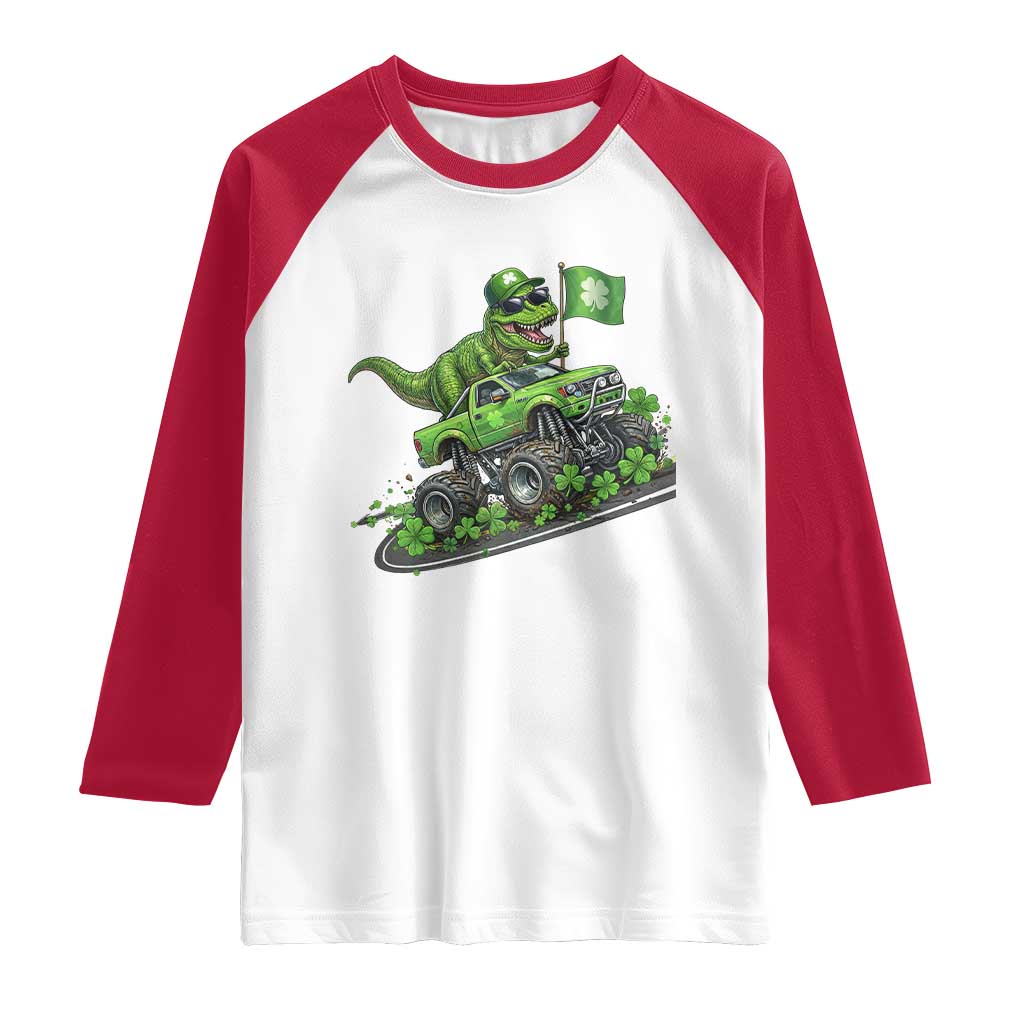 Funny St Patricks Day Dinosaur Truck Raglan Shirt Irish Holiday Gift TS12 White Red Print Your Wear