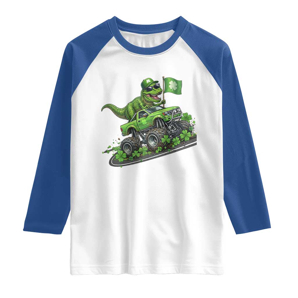 Funny St Patricks Day Dinosaur Truck Raglan Shirt Irish Holiday Gift TS12 White Royal Print Your Wear