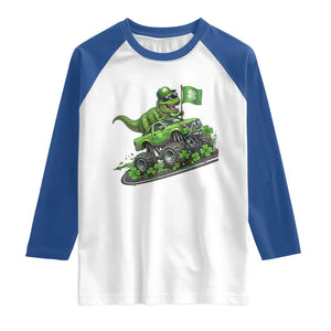 Funny St Patricks Day Dinosaur Truck Raglan Shirt Irish Holiday Gift TS12 White Royal Print Your Wear
