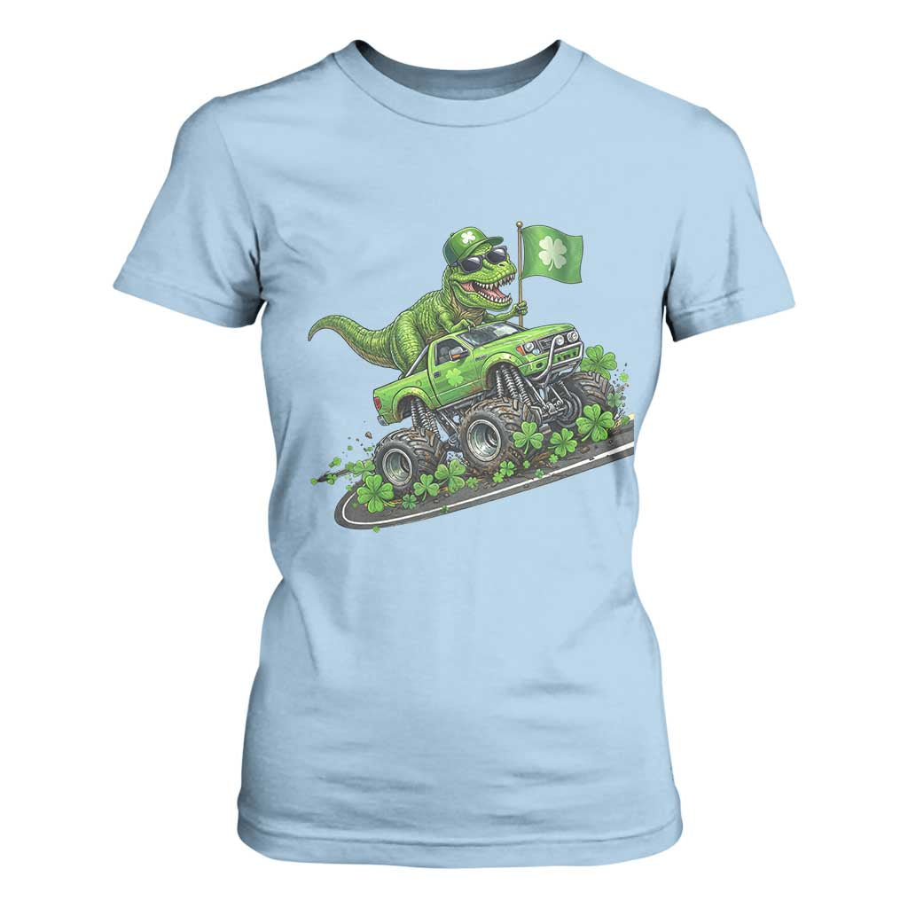 Funny St Patricks Day Dinosaur Truck T Shirt For Women Irish Holiday Gift TS12 Light Blue Print Your Wear