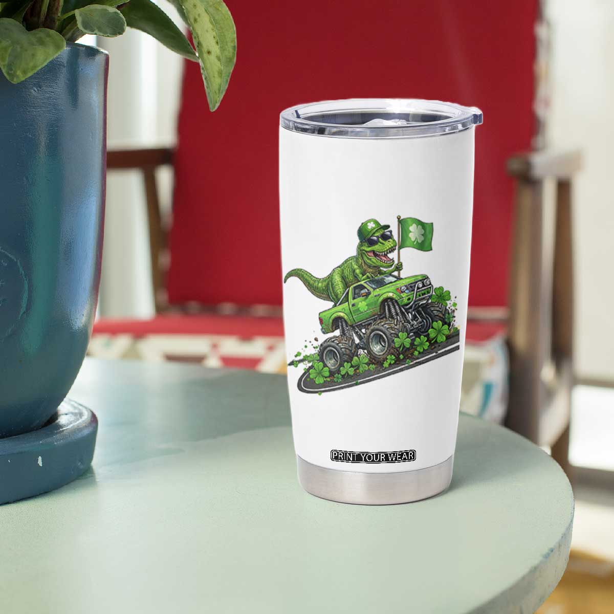 Funny St Patricks Day Dinosaur Truck Tumbler Cup Irish Holiday Gift TS12 Print Your Wear