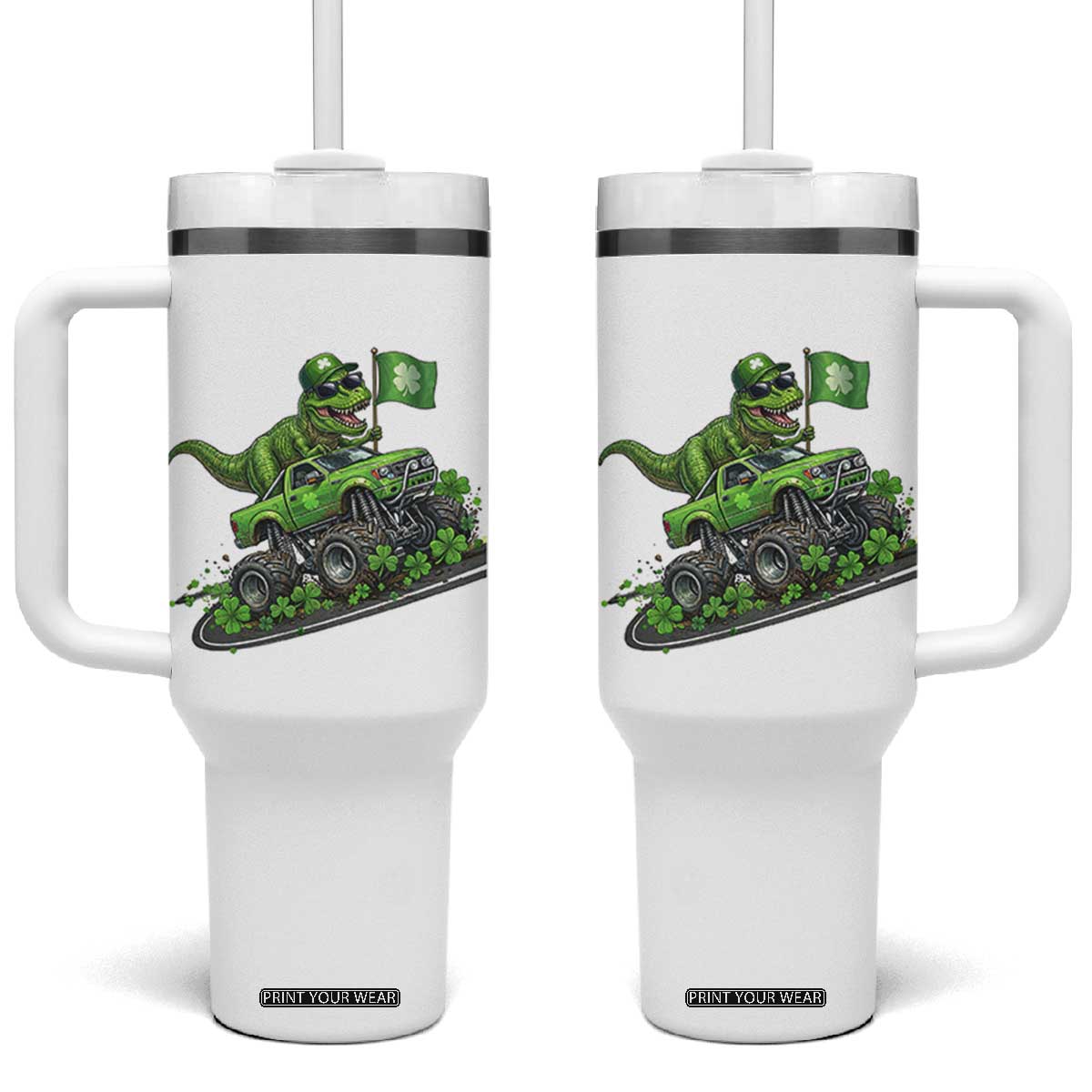 Funny St Patricks Day Dinosaur Truck Tumbler With Handle Irish Holiday Gift TS12 One Size: 40 oz White Print Your Wear