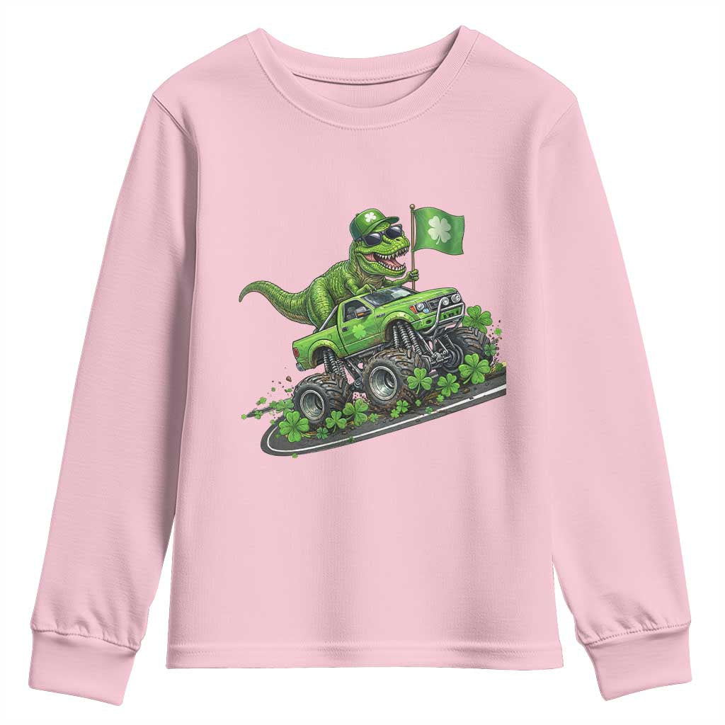 Funny St Patricks Day Dinosaur Truck Youth Sweatshirt Irish Holiday Gift TS12 Light Pink Print Your Wear