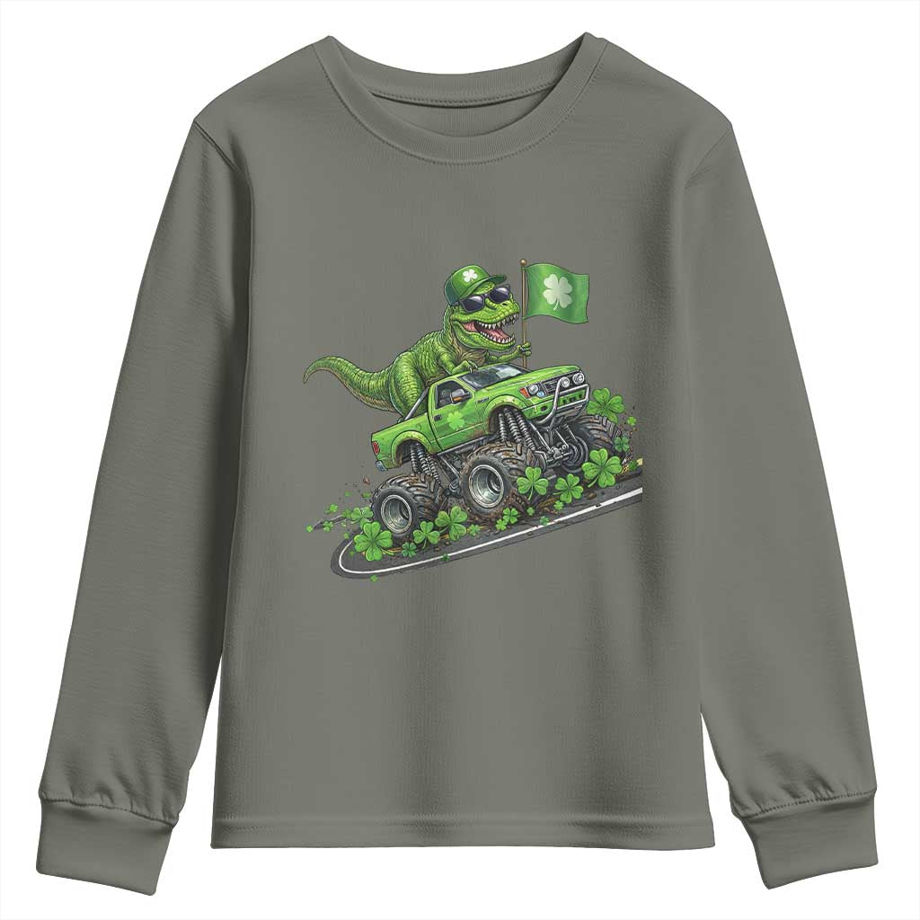 Funny St Patricks Day Dinosaur Truck Youth Sweatshirt Irish Holiday Gift TS12 Military Green Print Your Wear