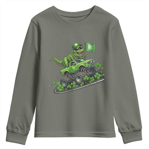 Funny St Patricks Day Dinosaur Truck Youth Sweatshirt Irish Holiday Gift TS12 Military Green Print Your Wear