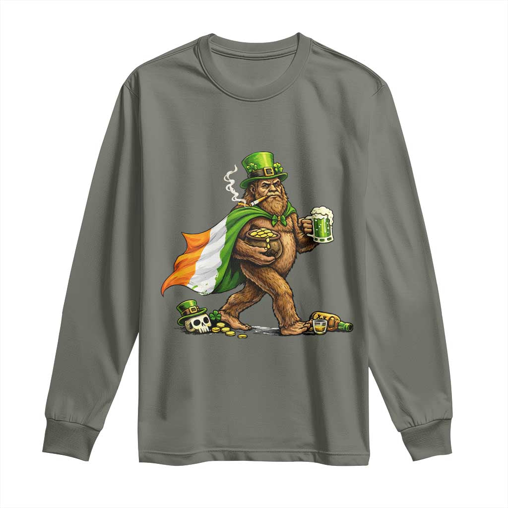 Funny St Patricks Day Bigfoot Long Sleeve Shirt Mythical Party Gift TS12 Military Green Print Your Wear