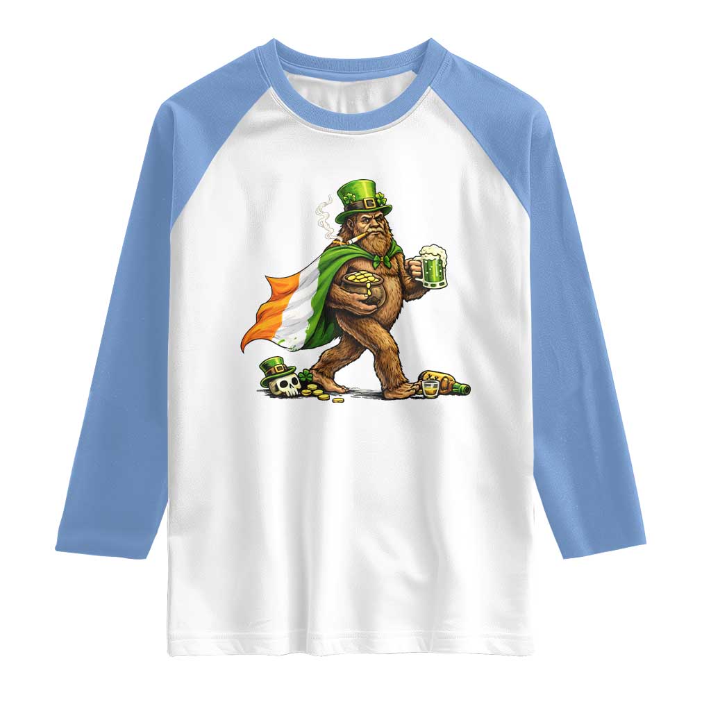 Funny St Patricks Day Bigfoot Raglan Shirt Mythical Party Gift TS12 White Carolina Blue Print Your Wear