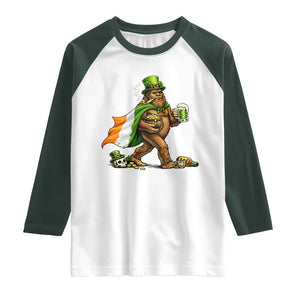 Funny St Patricks Day Bigfoot Raglan Shirt Mythical Party Gift TS12 White Dark Forest Green Print Your Wear