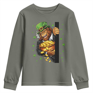 Funny St Patricks Day Bigfoot Youth Sweatshirt Irish Revelry Gift TS12 Military Green Print Your Wear