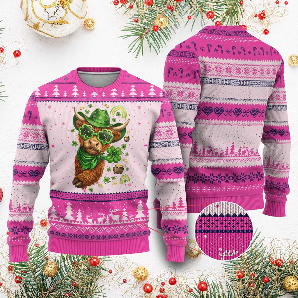 Funny Irish Highland Cow Ugly Christmas Sweater St Patricks Day Gift TS12 Hot Pink Print Your Wear