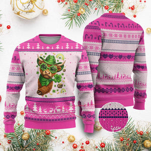 Funny Irish Highland Cow Ugly Christmas Sweater St Patricks Day Gift TS12 Hot Pink Print Your Wear