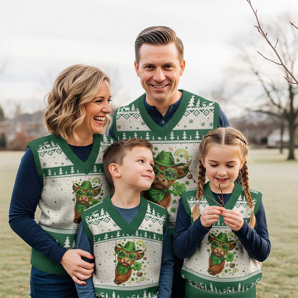 Funny Irish Highland Cow V-Neck Knit Sweater Vest St Patricks Day Gift TS12 Beige Green Print Your Wear