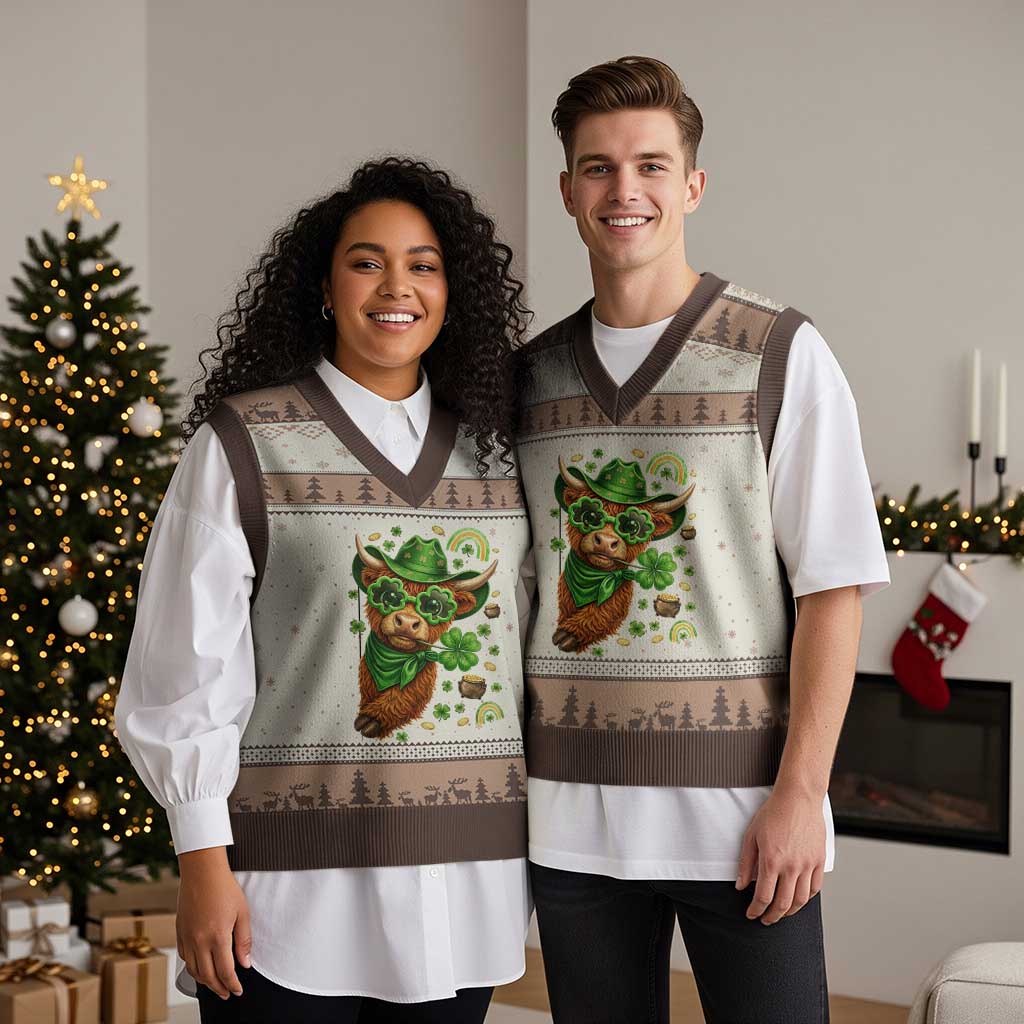 Funny Irish Highland Cow V-Neck Knit Sweater Vest St Patricks Day Gift TS12 Mocha Mousse Print Your Wear