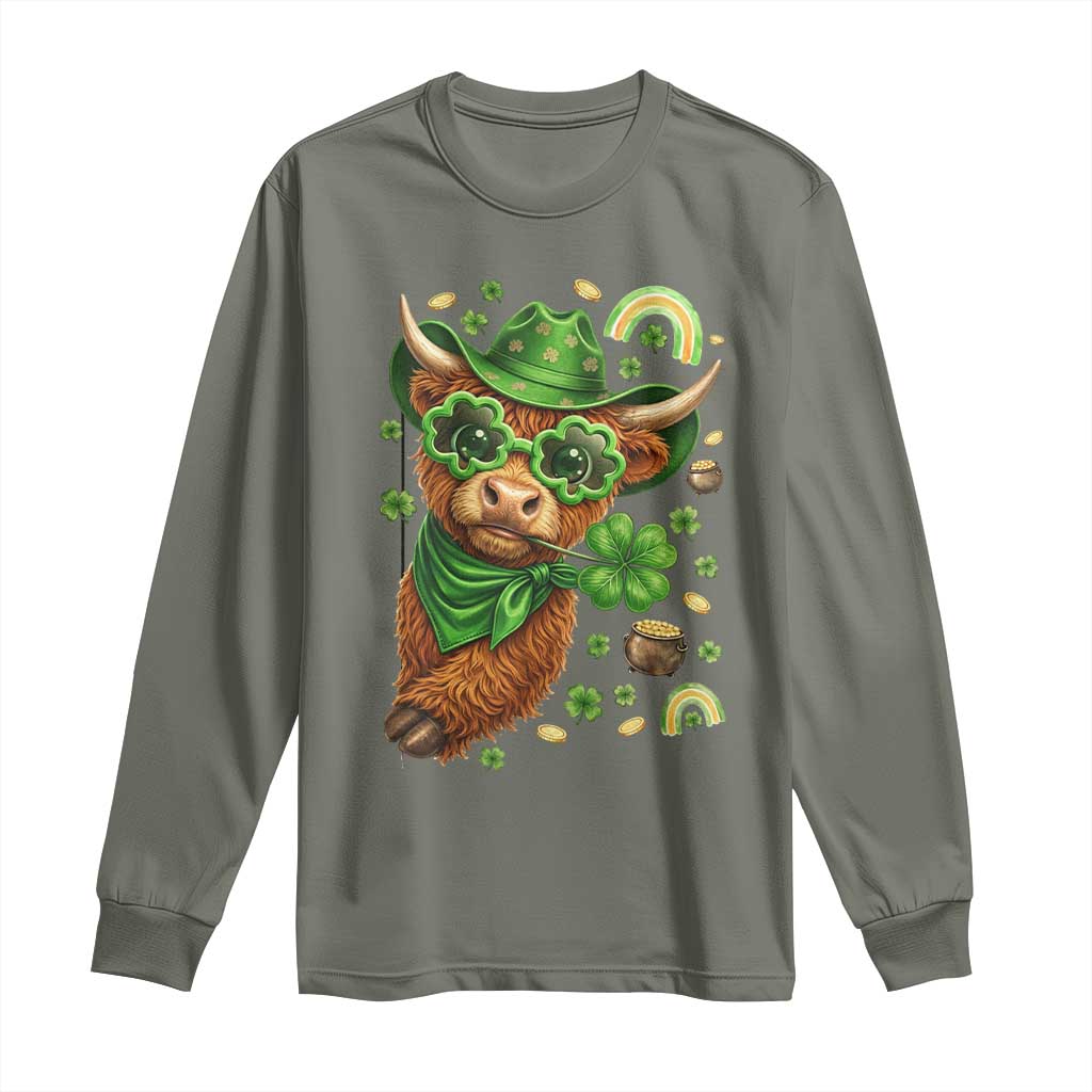Funny Irish Highland Cow Long Sleeve Shirt St Patricks Day Gift TS12 Military Green Print Your Wear