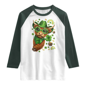 Funny Irish Highland Cow Raglan Shirt St Patricks Day Gift TS12 White Dark Forest Green Print Your Wear