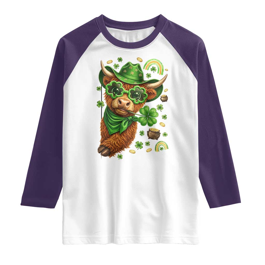 Funny Irish Highland Cow Raglan Shirt St Patricks Day Gift TS12 White Purple Print Your Wear