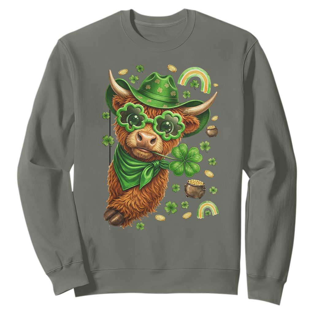 Funny Irish Highland Cow Sweatshirt St Patricks Day Gift TS12 Military Green Print Your Wear