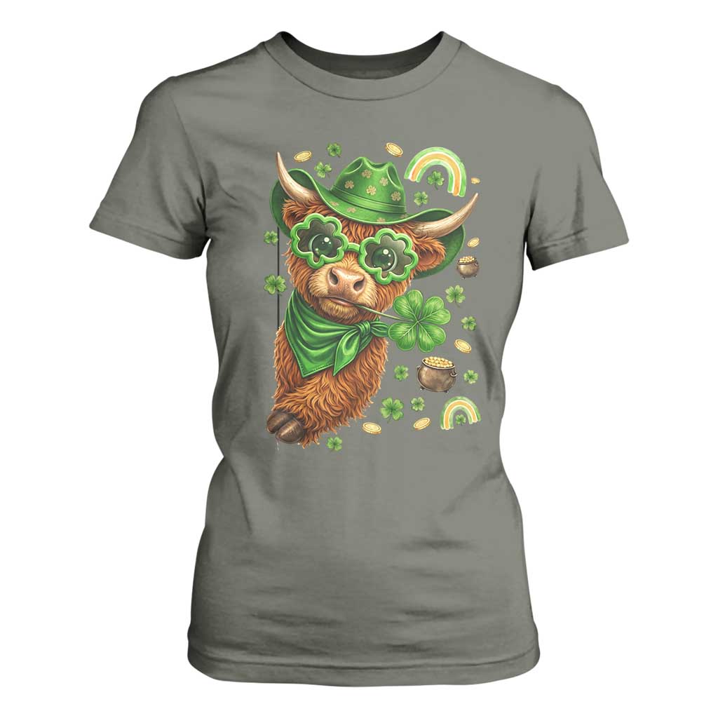 Funny Irish Highland Cow T Shirt For Women St Patricks Day Gift TS12 Military Green Print Your Wear