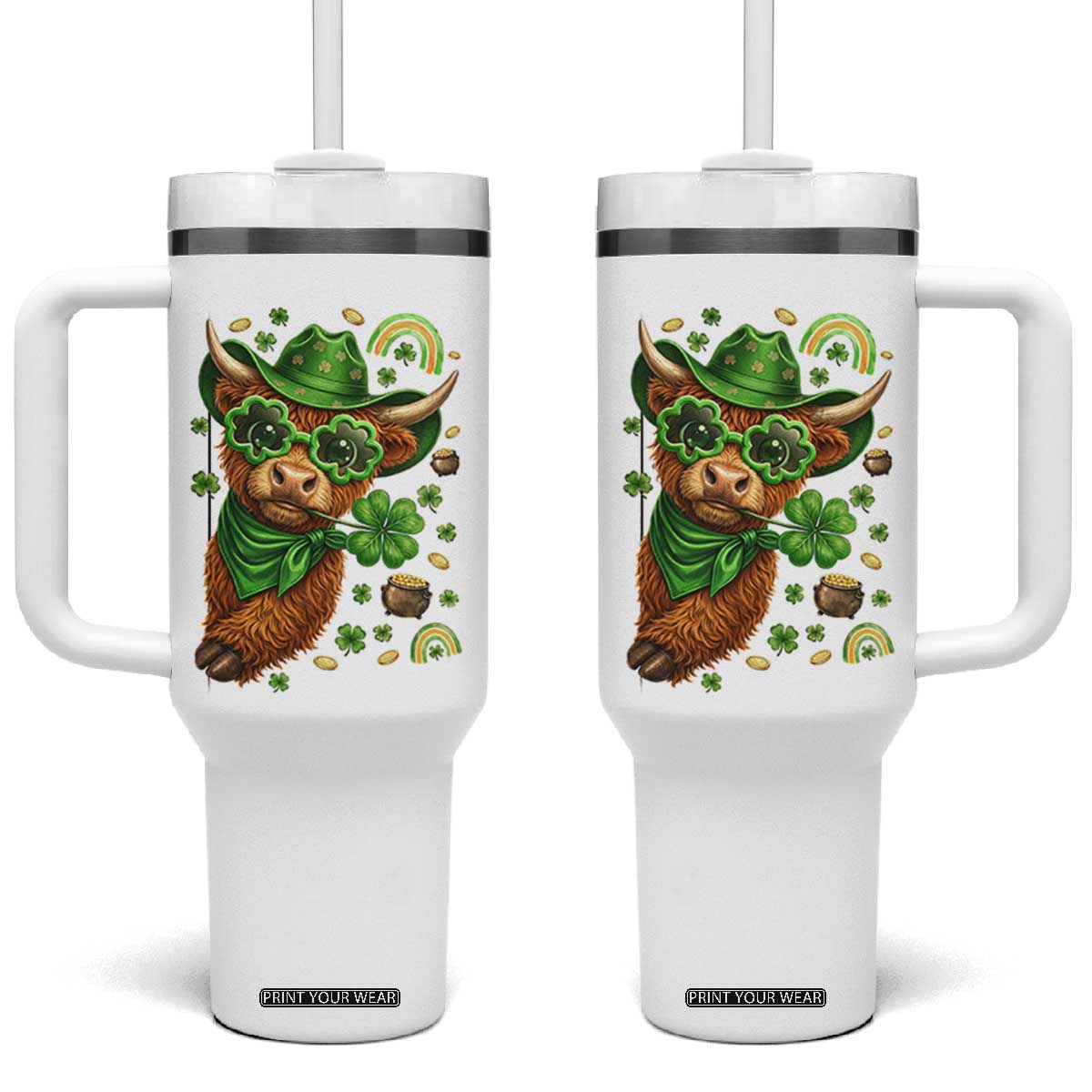 Funny Irish Highland Cow Tumbler With Handle St Patricks Day Gift TS12 One Size: 40 oz White Print Your Wear