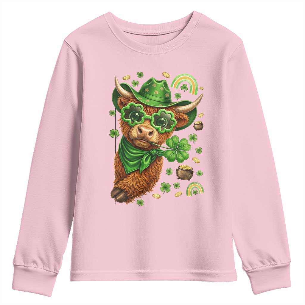 Funny Irish Highland Cow Youth Sweatshirt St Patricks Day Gift TS12 Light Pink Print Your Wear