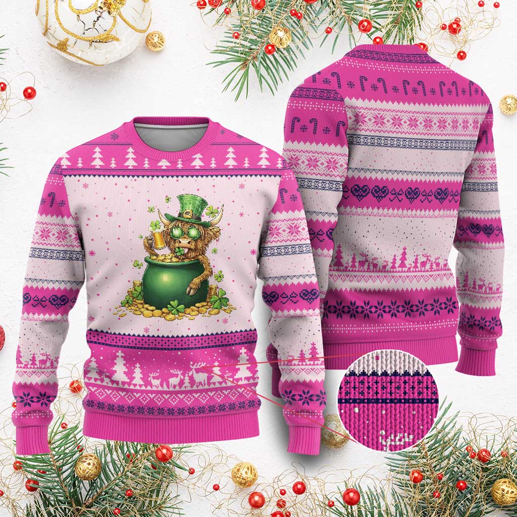 Funny Highland Cow St Patricks Day Ugly Christmas Sweater Farm Lover Gift TS12 Hot Pink Print Your Wear