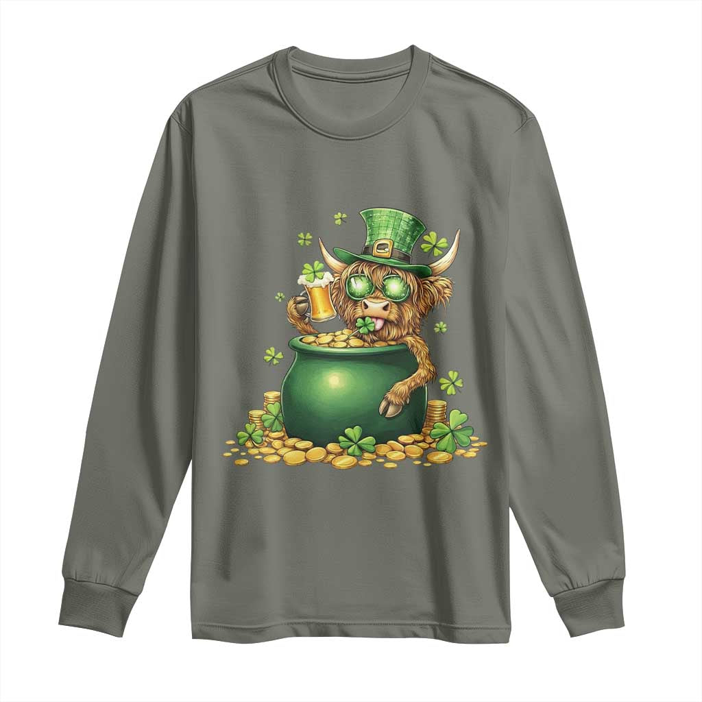 Funny Highland Cow St Patricks Day Long Sleeve Shirt Farm Lover Gift TS12 Military Green Print Your Wear