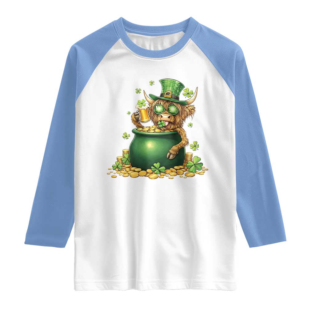 Funny Highland Cow St Patricks Day Raglan Shirt Farm Lover Gift TS12 White Carolina Blue Print Your Wear