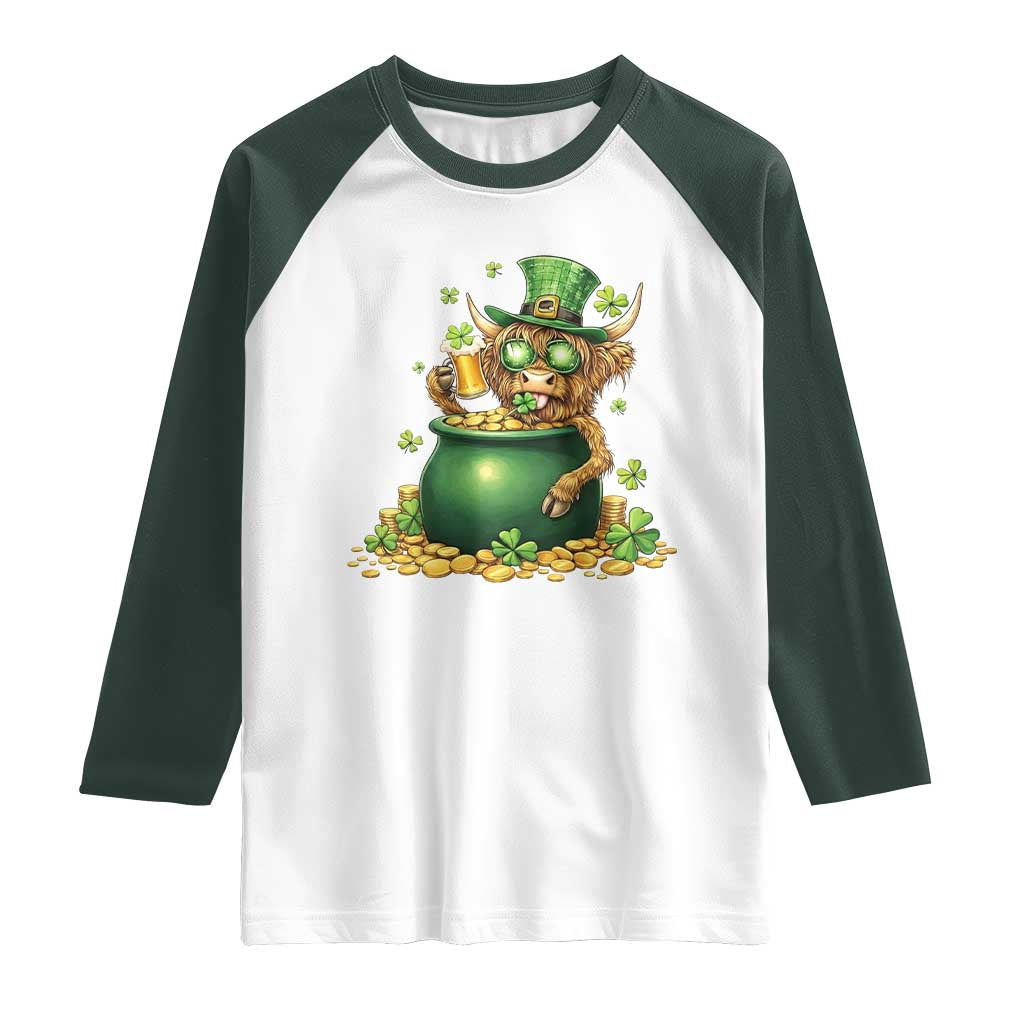 Funny Highland Cow St Patricks Day Raglan Shirt Farm Lover Gift TS12 White Dark Forest Green Print Your Wear