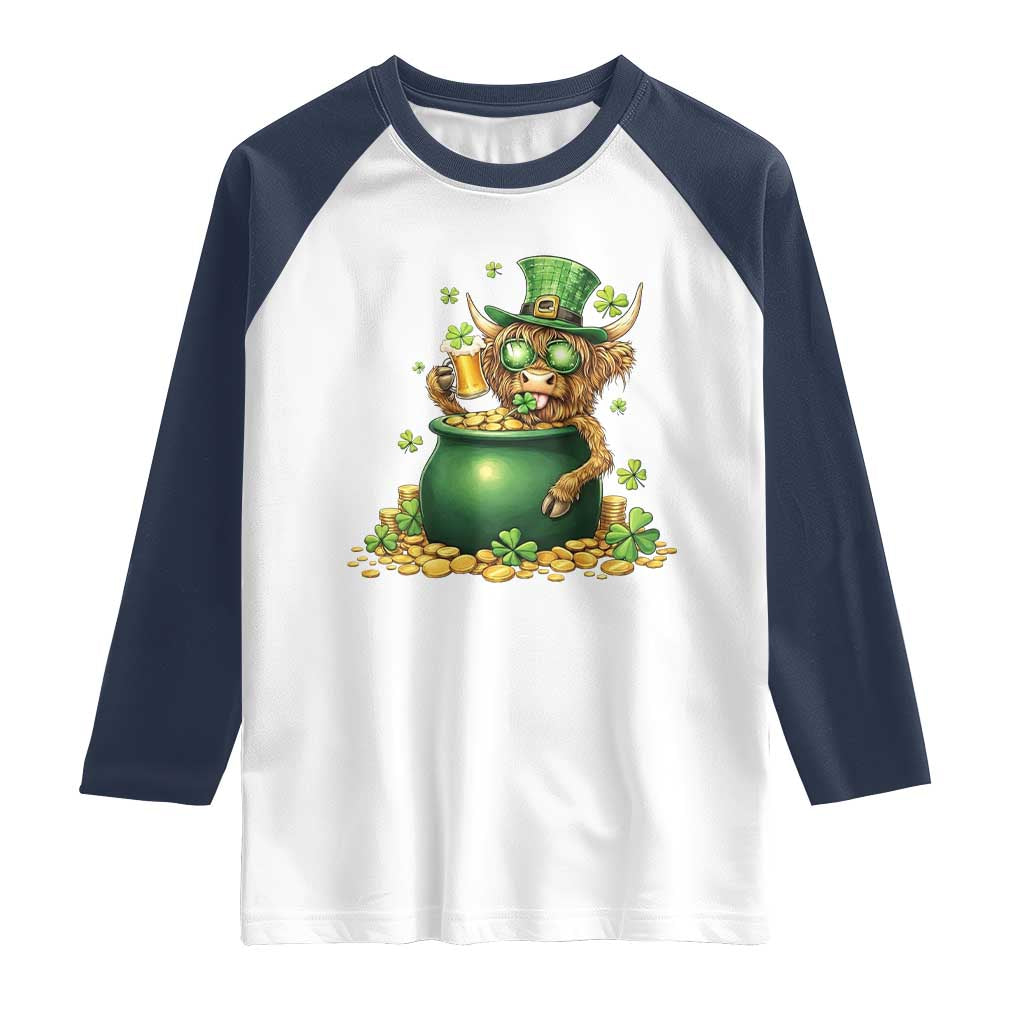 Funny Highland Cow St Patricks Day Raglan Shirt Farm Lover Gift TS12 White Navy Print Your Wear