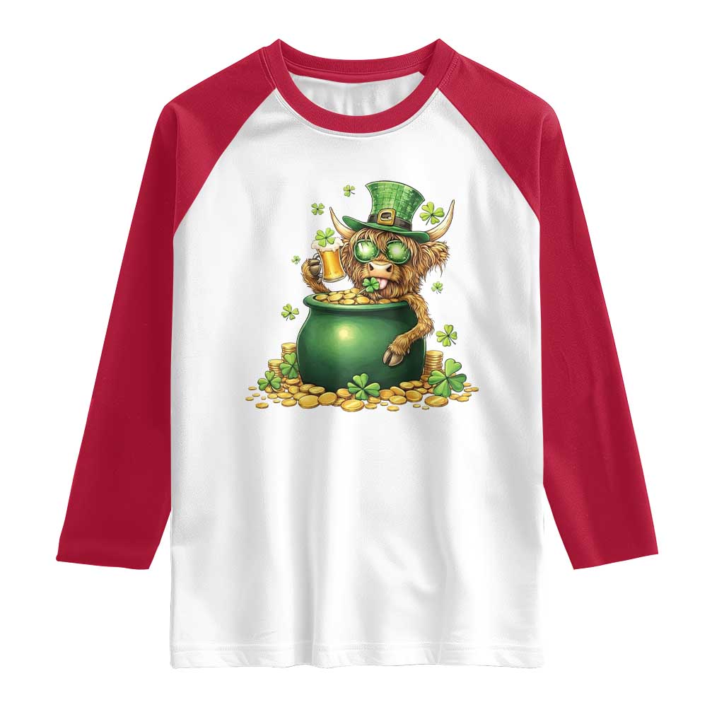 Funny Highland Cow St Patricks Day Raglan Shirt Farm Lover Gift TS12 White Red Print Your Wear