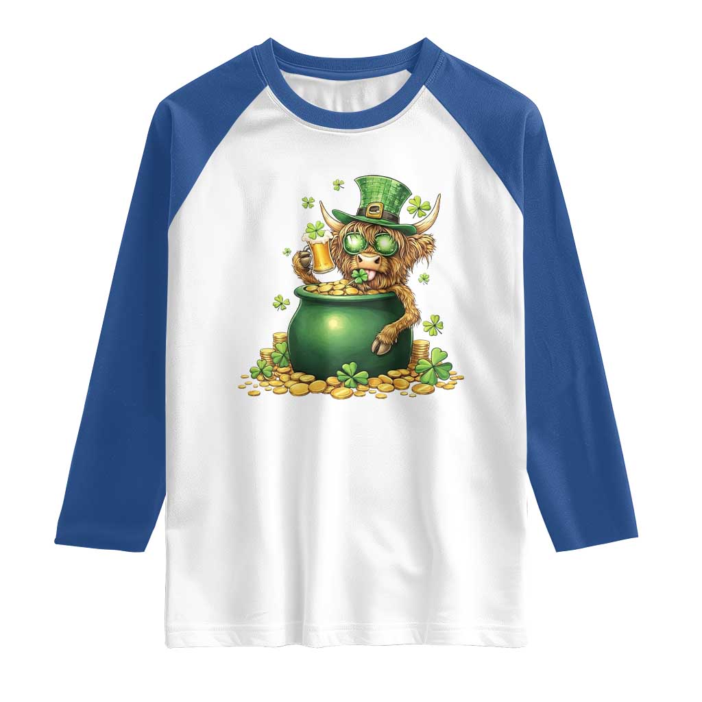 Funny Highland Cow St Patricks Day Raglan Shirt Farm Lover Gift TS12 White Royal Print Your Wear