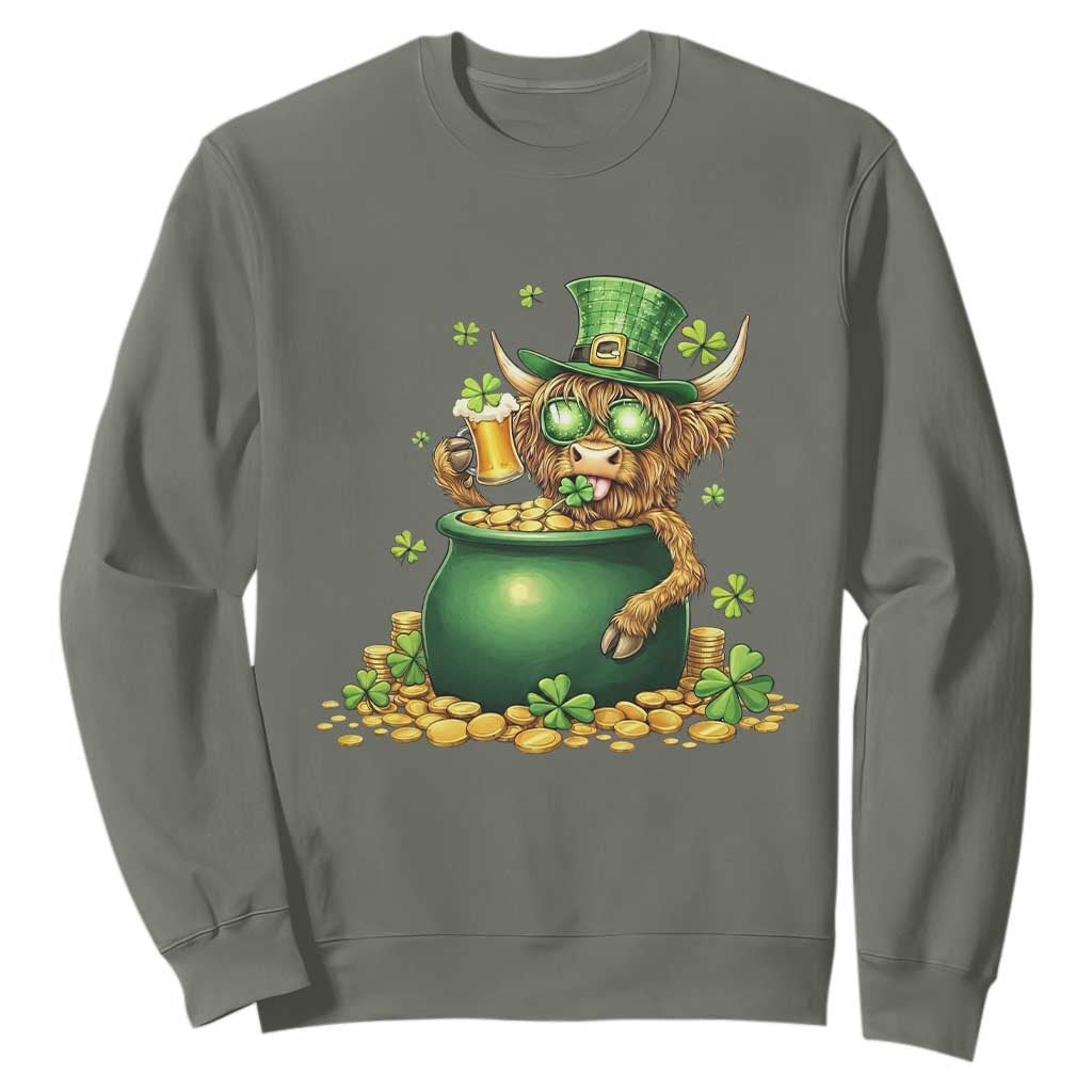 Funny Highland Cow St Patricks Day Sweatshirt Farm Lover Gift TS12 Military Green Print Your Wear