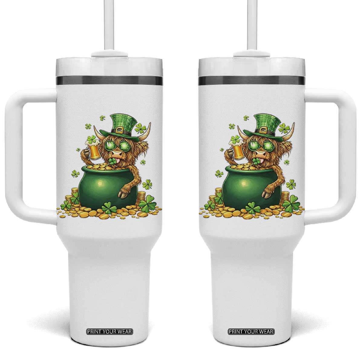 Funny Highland Cow St Patricks Day Tumbler With Handle Farm Lover Gift TS12 One Size: 40 oz White Print Your Wear