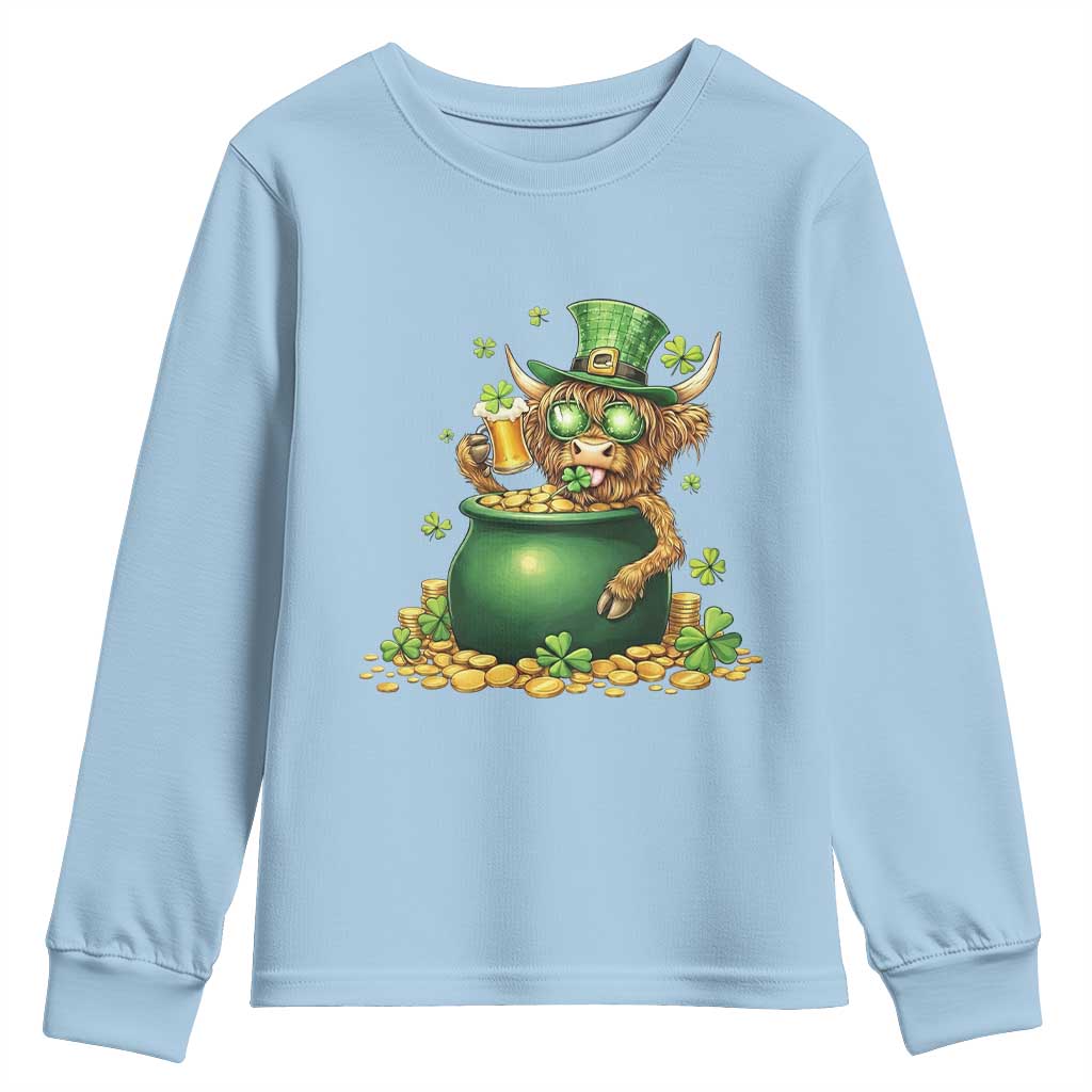 Funny Highland Cow St Patricks Day Youth Sweatshirt Farm Lover Gift TS12 Light Blue Print Your Wear
