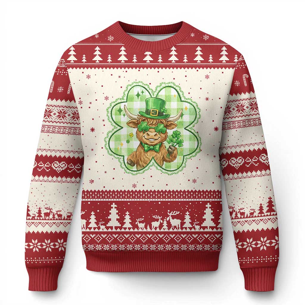 Funny Irish Highland Cow Shamrock Holiday Gift Ugly Christmas Sweater